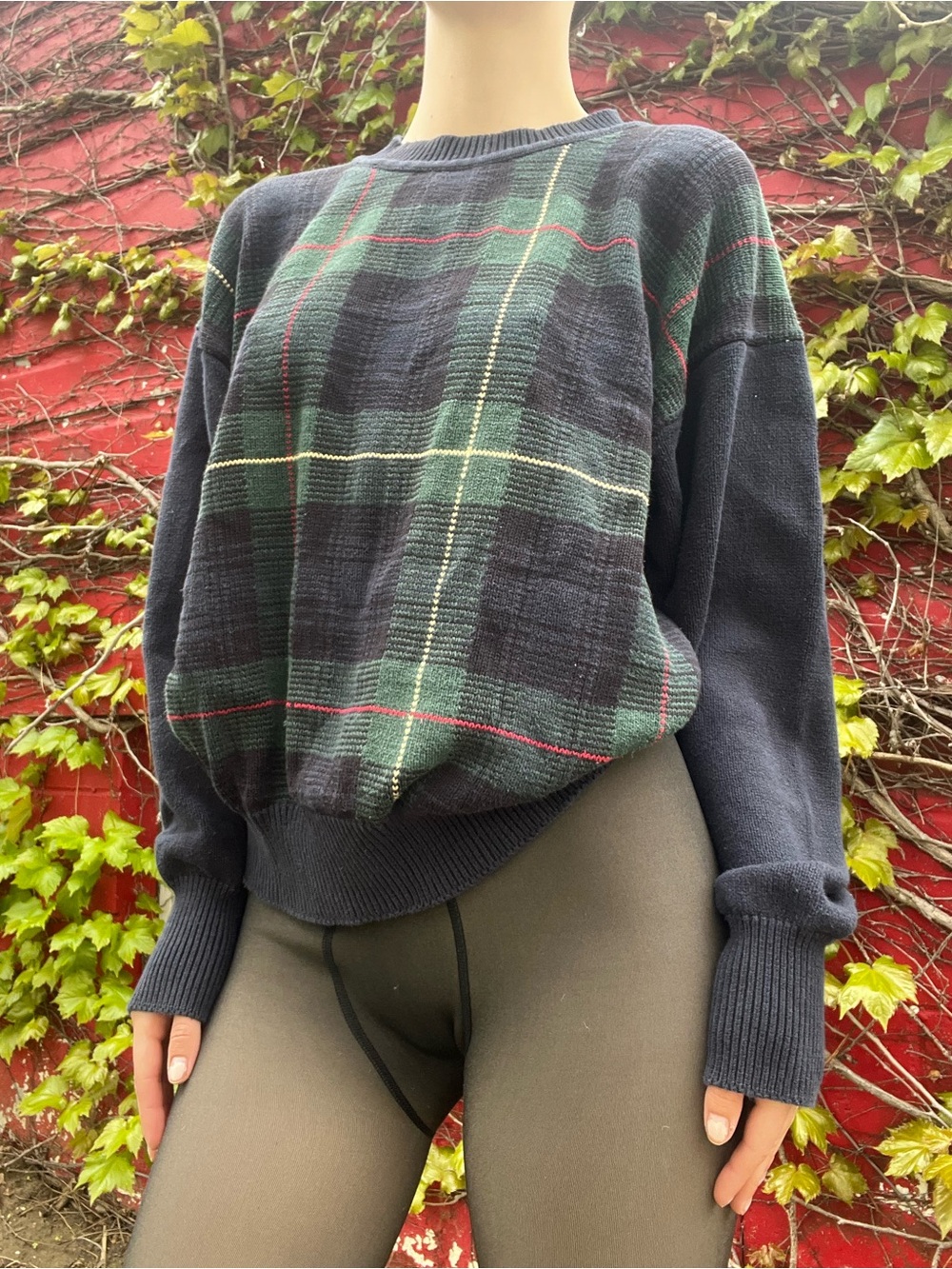 Santorelli Navy Plaid Crewneck Sweater with Green Accents